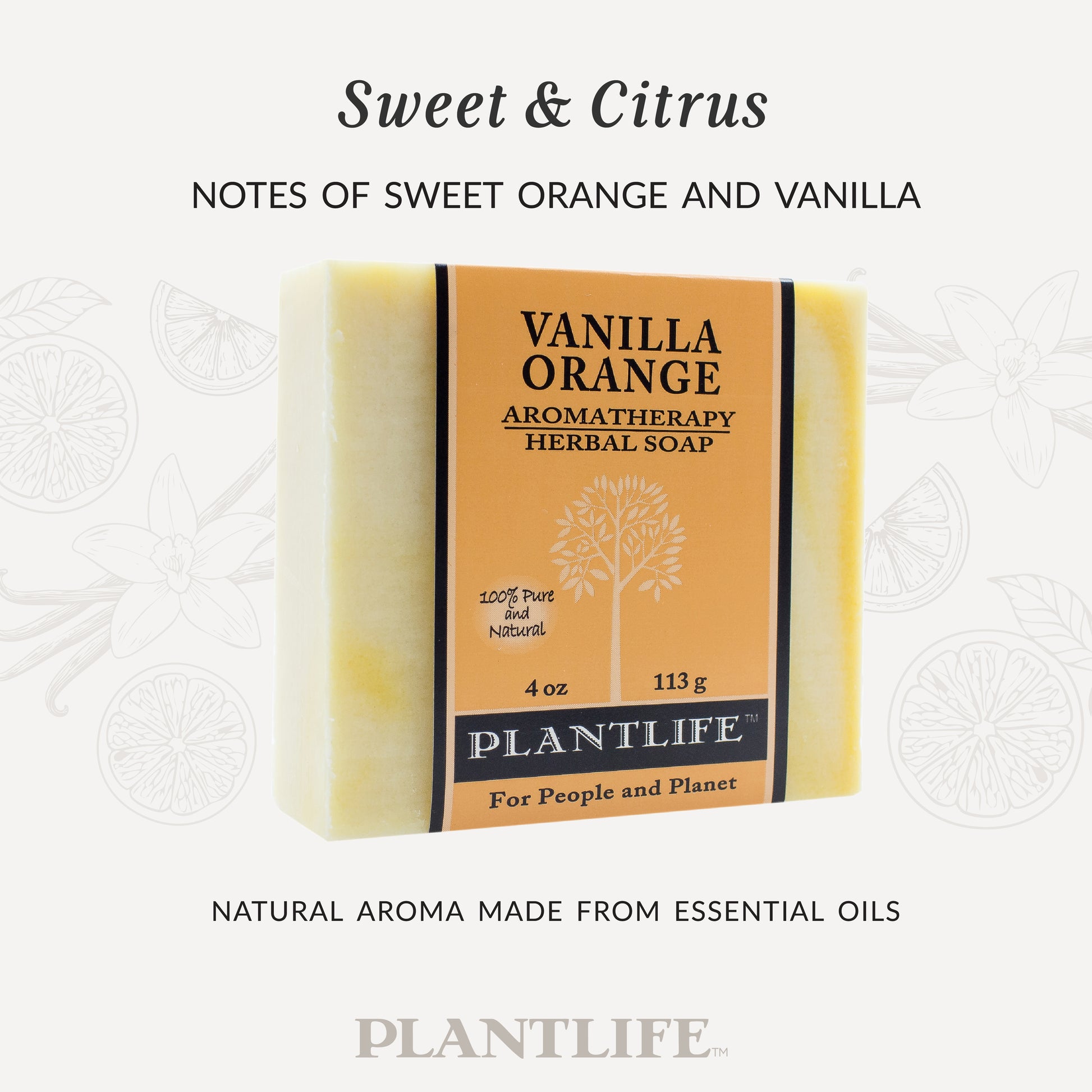 Plantlife Vanilla Orange Aromatherapy Herbal Soap labeled “Sweet & Citrus – Notes of Sweet Orange and Vanilla.” Natural plant-based soap made with pure essential oils for a bright, creamy citrus aroma that uplifts and refreshes while cleansing gently.