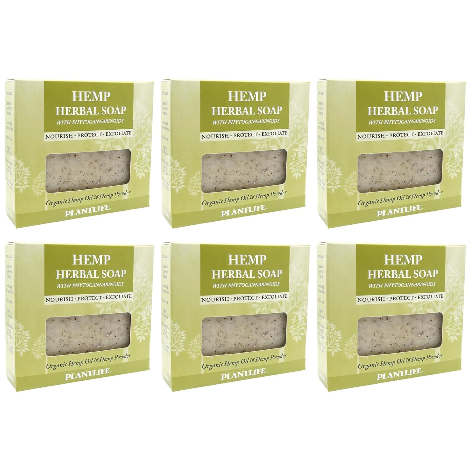 Six boxes of Hemp Herbal Soap with visible soap bars on a white background