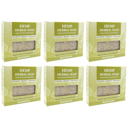 Six boxes of Hemp Herbal Soap with visible soap bars on a white background