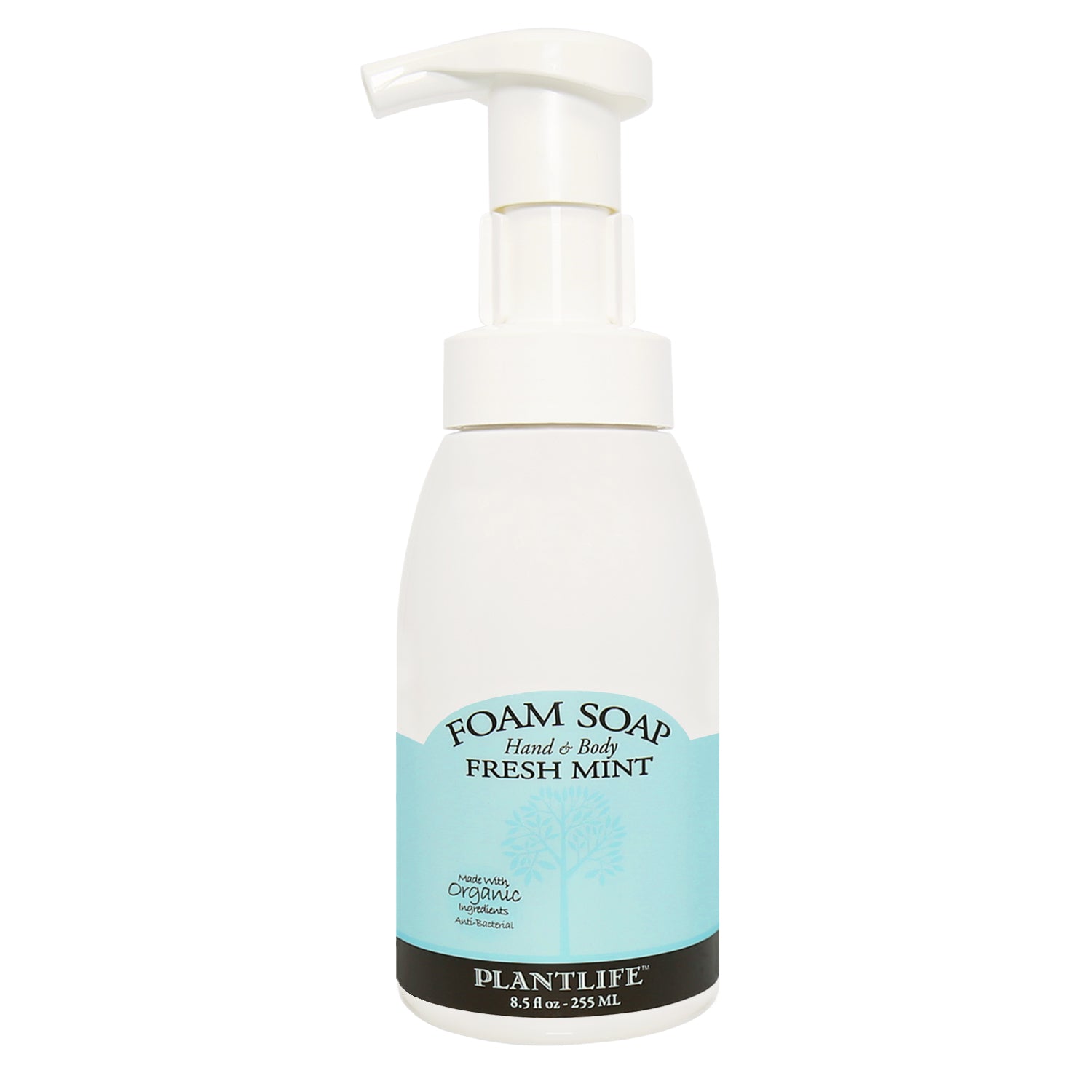 Foam soap bottle with pump dispenser labeled 'Fresh Mint' by Plantlife on a white background