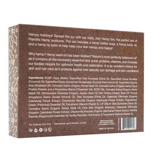 Back of Plantlife Holly Jolly Hemp holiday set featuring product ingredients and description for hemp herbal soap, body oil, and mint lip balm.