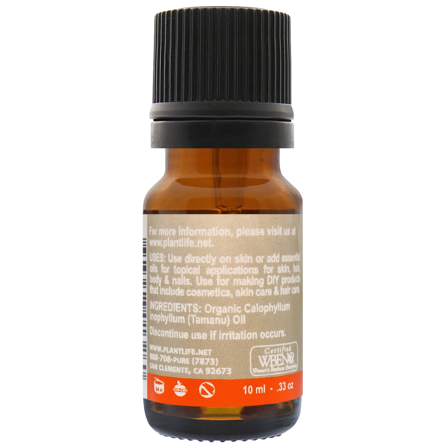 Brown glass bottle with black cap on a white background Tamanu Oil