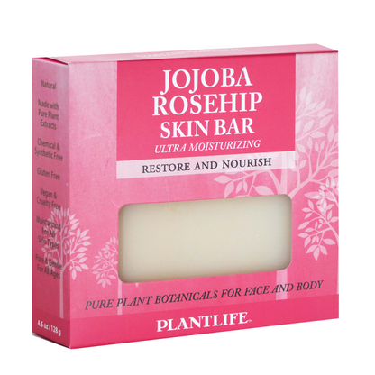 Plantlife Jojoba Rosehip Skin Bar, 4.5 oz ultra moisturizing soap made with pure plant botanicals for face and body; vegan, cruelty free, gluten free, and chemical free.