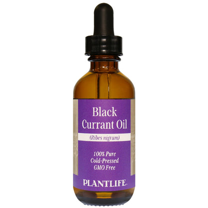 Amber glass bottle of 100% pure Black Currant Oil by Plantlife