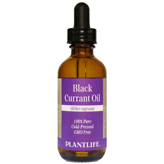 Amber glass bottle of 100% pure Black Currant Oil by Plantlife