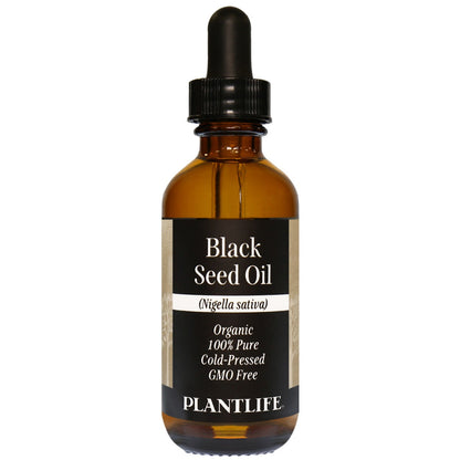 Amber glass bottle of 100% pure Black Seed Oil by Plantlife