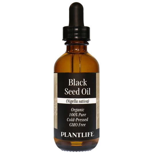 Amber glass bottle of 100% pure Black Seed Oil by Plantlife