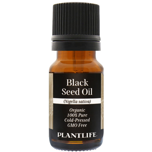 Amber glass bottle of 100% pure Black Seed Oil by Plantlife