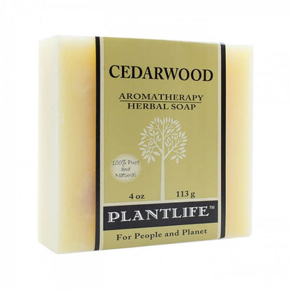 Plantlife Cedarwood Aromatherapy Herbal Soap bar, 4 oz (113 g), labeled as 100% pure and natural, with tree logo and beige label design.
