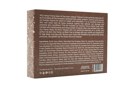 Back of Plantlife Hemp Body Set packaging showing ingredients and product details for hemp herbal soap, body oil, and lip balm with organic hemp and botanicals.
