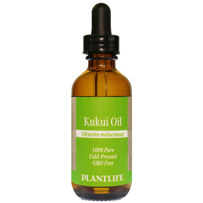 Amber glass bottle of 100% pure Kukui Oil by Plantlife