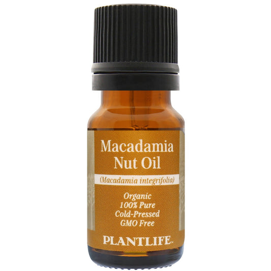 Amber glass bottle of 100% pure Macadamia Oil from Plantlife