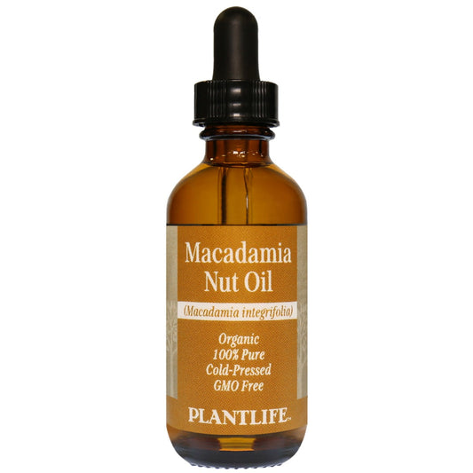 Amber glass bottle of 100% pure Macadamia Oil from Plantlife