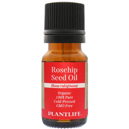 Plantlife Rosehip Seed Oil in amber glass bottle with dropper