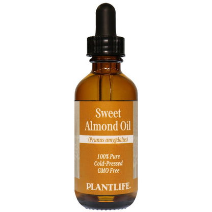 100% pure sweet almond oil in labeled Plantlife packaging